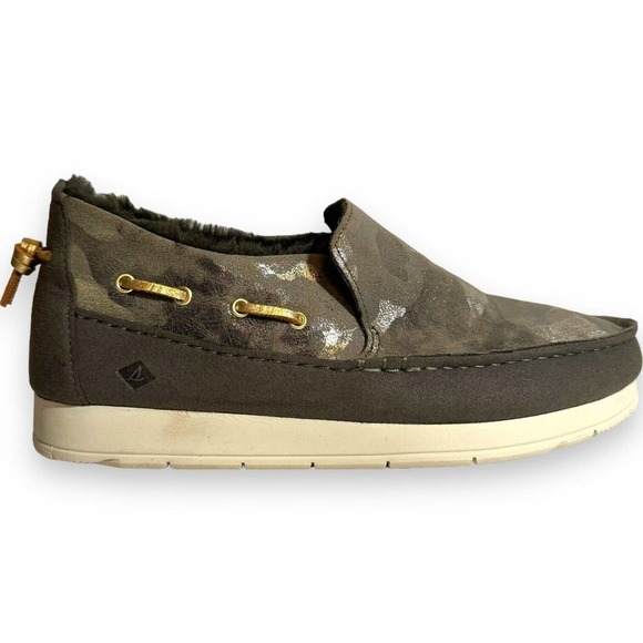Womens Sperry Olive Camo Suede Moc-Sider Slip-On Faux Fur Lined Size 8M - Picture 3 of 10